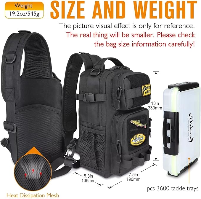 Dovesun Small Fishing Backpack with Tackle Boxes Fishing Sling Bag DIY Embroidery Patches Tackle Bag Gift for Men Black