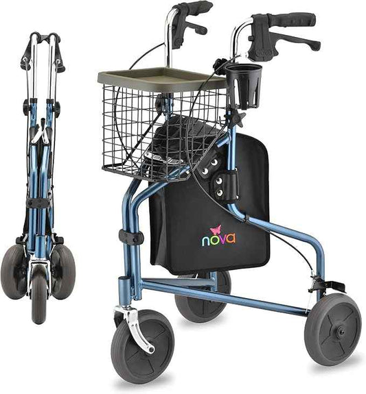 NOVA Traveler Folding 3-Wheel Walker with Tray, Basket, Pouch & Cup Holder, Lightweight Mobility Aid for Seniors & Adults, 8” All-Terrain Wheels for Tight Spaces & Travel, Blue