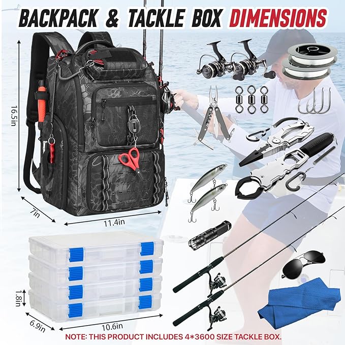 Fishing Tackle Backpack,Tackle Bag with 2 Rod Holders,Water-Resistant Large Storage Fishing Gear and Equipment (B-Black Camo with 4 Tackle Boxes)