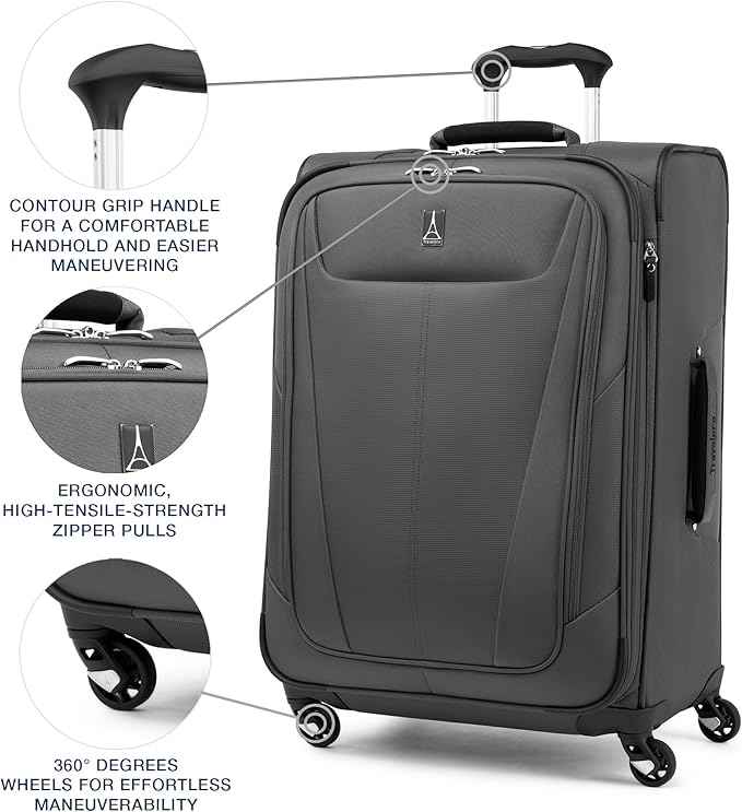 Travelpro Maxlite 5 Softside Expandable Luggage with 4 Spinner Wheels, Lightweight Suitcase, Men and Women, Shadow Grey, Checked-Medium 25-Inch