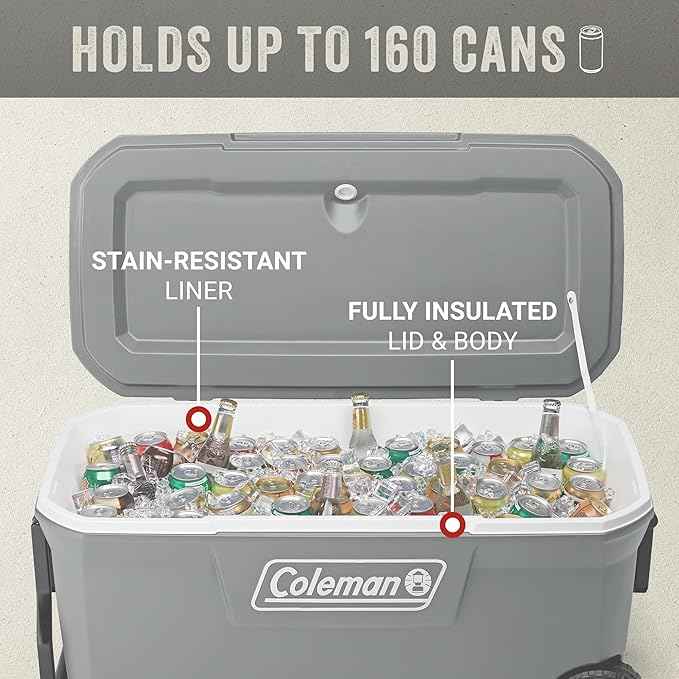 Coleman Classic Series Insulated Portable Rolling Cooler with Wheels, Leak-Resistant Outdoor Hard Cooler Keeps Ice up to 5 Days, 100-Quart