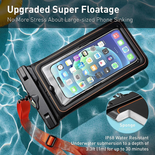 Marine IP68 Waterproof Phone Pouch, Floating Waterproof Dry Bag Compatible for iPhone 16 15 14 13 12 Pro Max Plus Up to 7"，Cellphone Cruise Essentials Must Haves, 1 Pack- Black/Hi-Vis Orange
