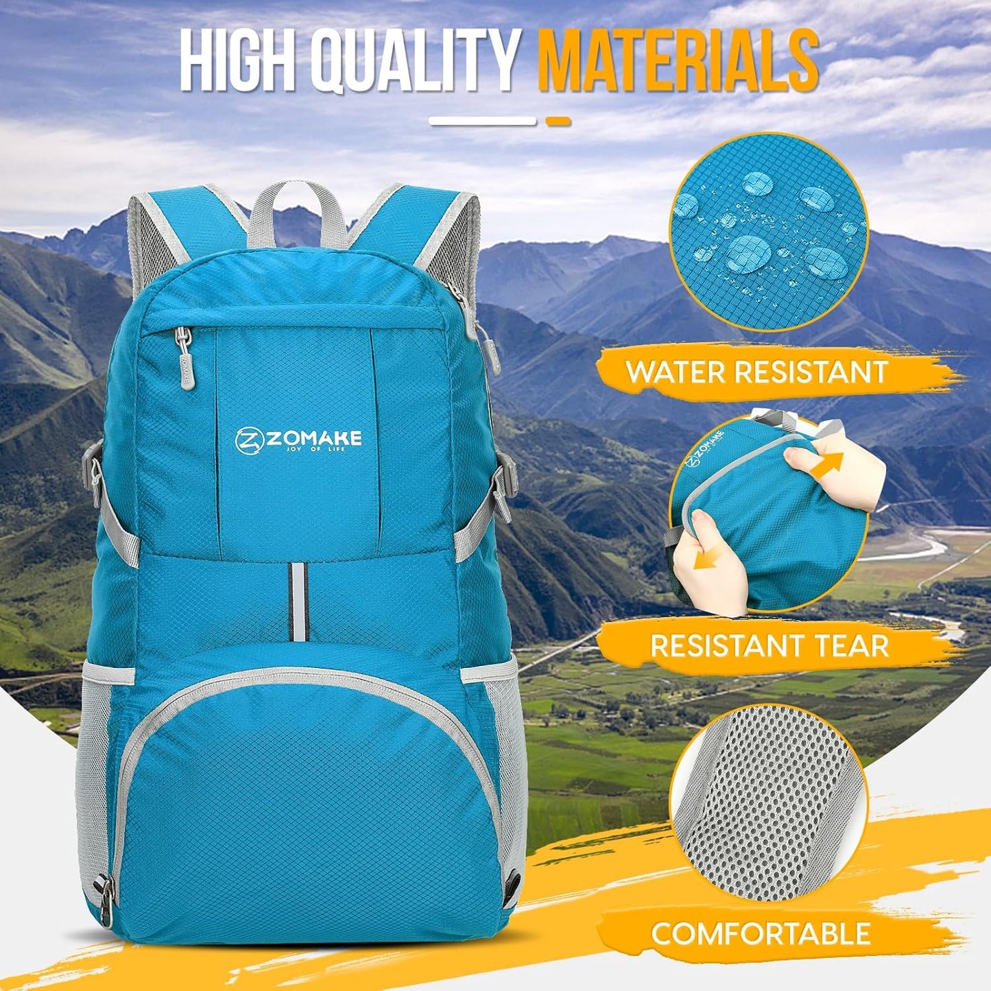 ZOMAKE Lightweight Packable Backpack 35L, Light Foldable Backpacks Water Resistant Collapsible Hiking Bag, Compact Folding Day Pack for Travel Camping(Light Blue) - Roamly