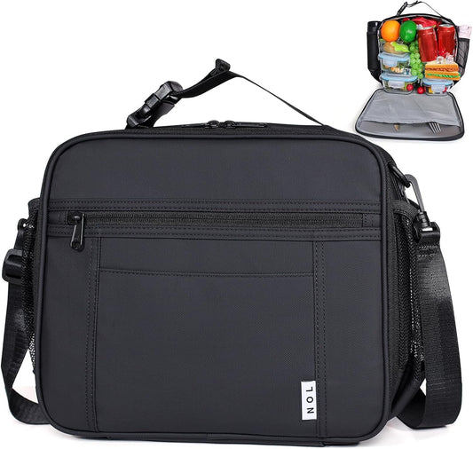 NOL Kids Lunch Bag - Kids 3+ Reusable Insulated Lunch Box with Zipper Closure Buckle Handle Adjustable Long Shoulder Strap, Easy-Clean Waterproof Fabric, Children Lunch Tote Bag for School-Black