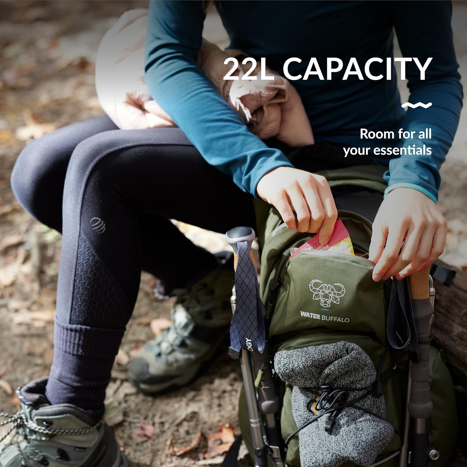 Water Buffalo Hydration Backpack - Sherpa 22L Hiking Backpack with Water Bladder - Water Backpack for Hiking with Waterproof Zippers, Phone & Pole Holders - Roamly
