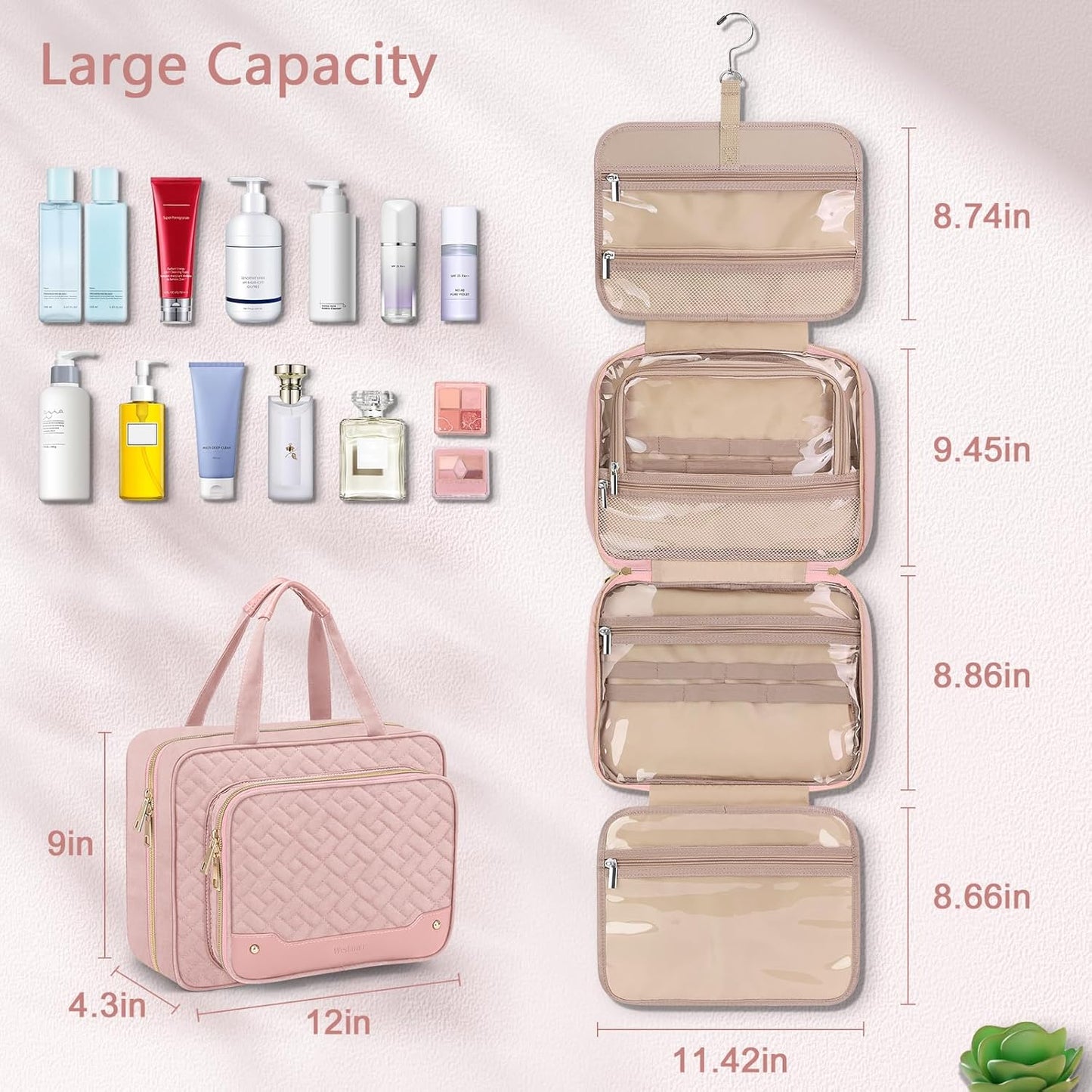 Wedama Toiletry Bag for Women, Hanging Travel Toiletry Bag with Jewelry Organizer Compartment Large Makeup Bag, PVC Waterproof Cosmetic Travel Bag for Travel Business Trips Camping Bathroom, Pink - Roamly