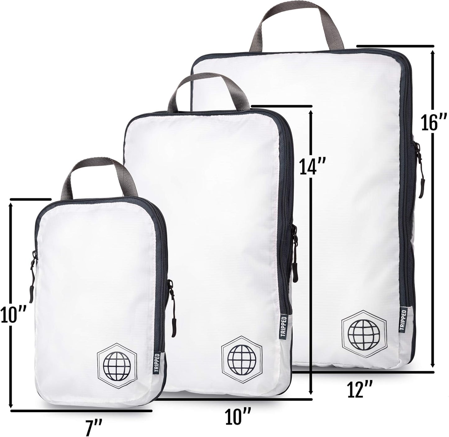 Large Compression Packing Cubes 6 Piece Set for Travel with Lightweight Laundry Bag for Carry-On Suitcase by TRIPPED Travel Gear (White) - Roamly