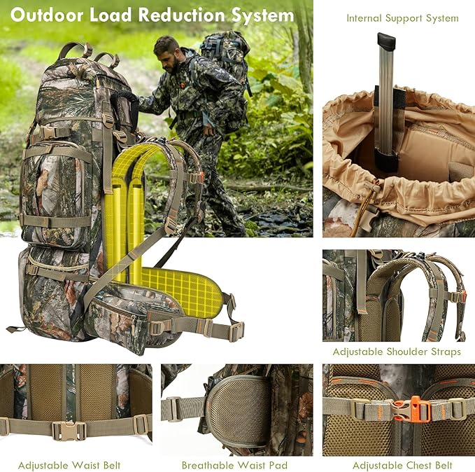Hunting Backpack for Men, 60/80L Camo Backpack with Waterproof Rain Cover, 600D Hunting Pack for Hunters