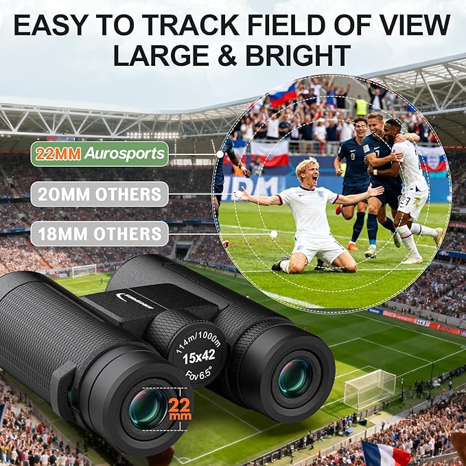 15x42 Binoculars for Adults High Powered - Aurosports HD Lightweight Portable Binoculars with Phone Adapter, BAK4 Prism & Carrying Bag - Large View Binocular for Bird Watching Hunting Traveling