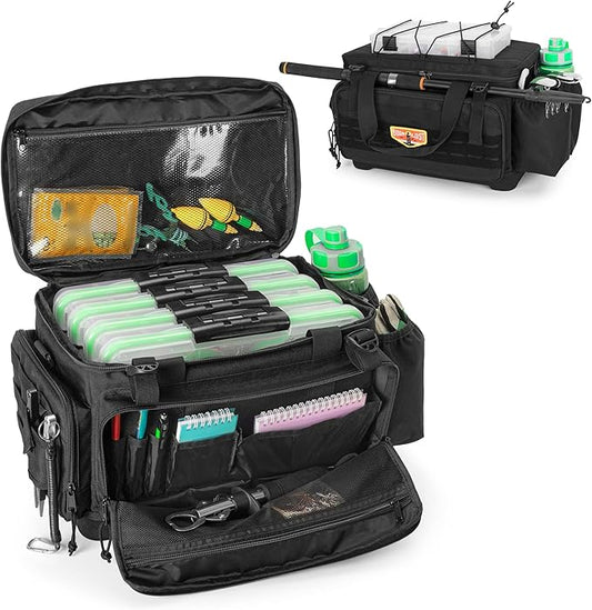 GOBUROS Waterproof Fishing Tackle Bag with Waterproof EVA Bottom (No Tackle Boxes in Package), Soft Tackle Box Storage Bag with Rod Holder, Pliers Storage for Fishing