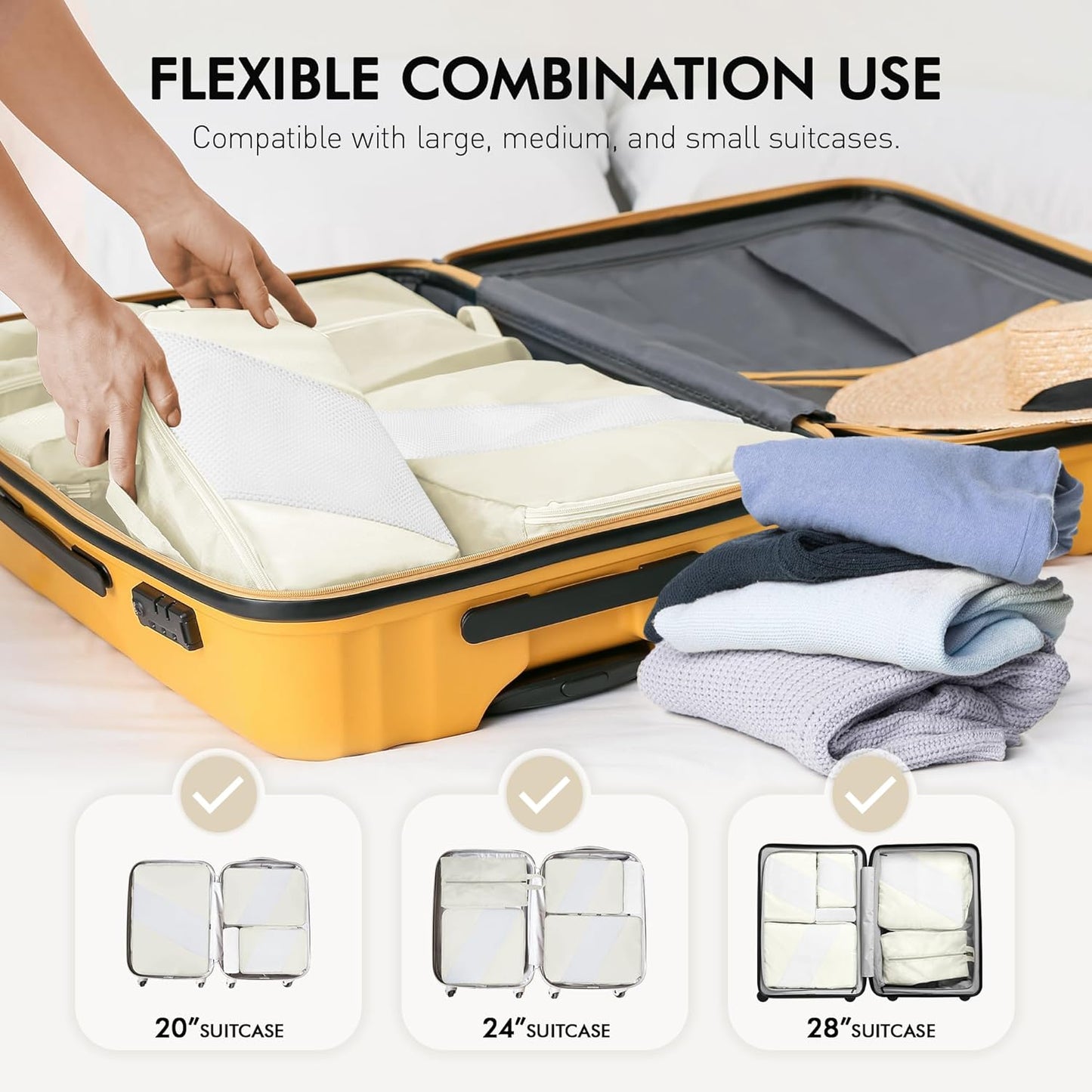 WVM Packing Cubes for Travel, 8 Set Luggage Organizer Bags with Shoe Bag, Toiletry Bag & Laundry Bag, Travel Accessories Essentials Packing Organizer, Beige - Roamly