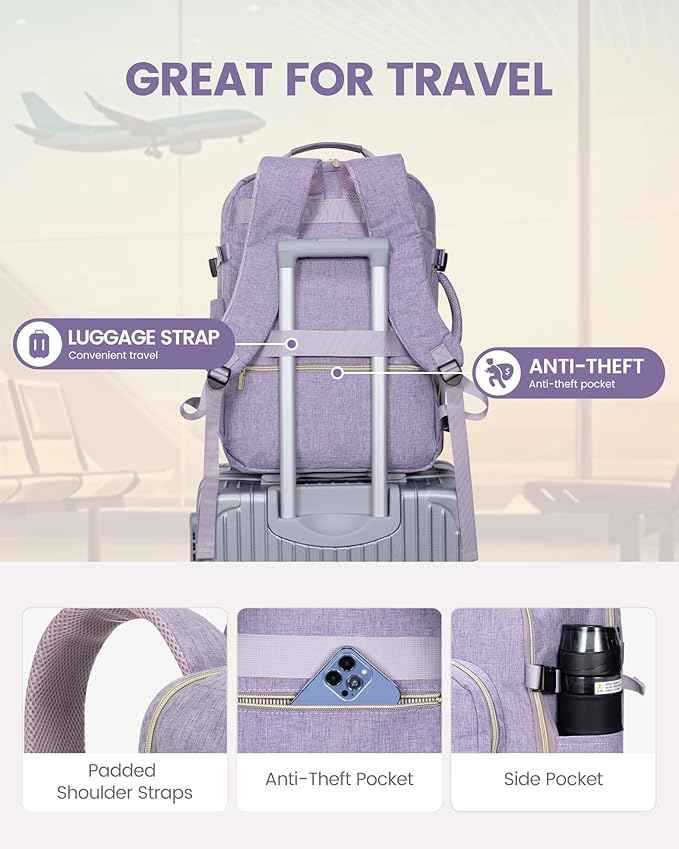 LOVEVOOK Travel Backpack for Women & Men 40L,Airline Approved Carry On Backpack Travel Essentials,TSA Carry on Luggage,Waterproof Personal Item Travel Bag,Suitcase with 3 Packing Cubes,Taro Purple