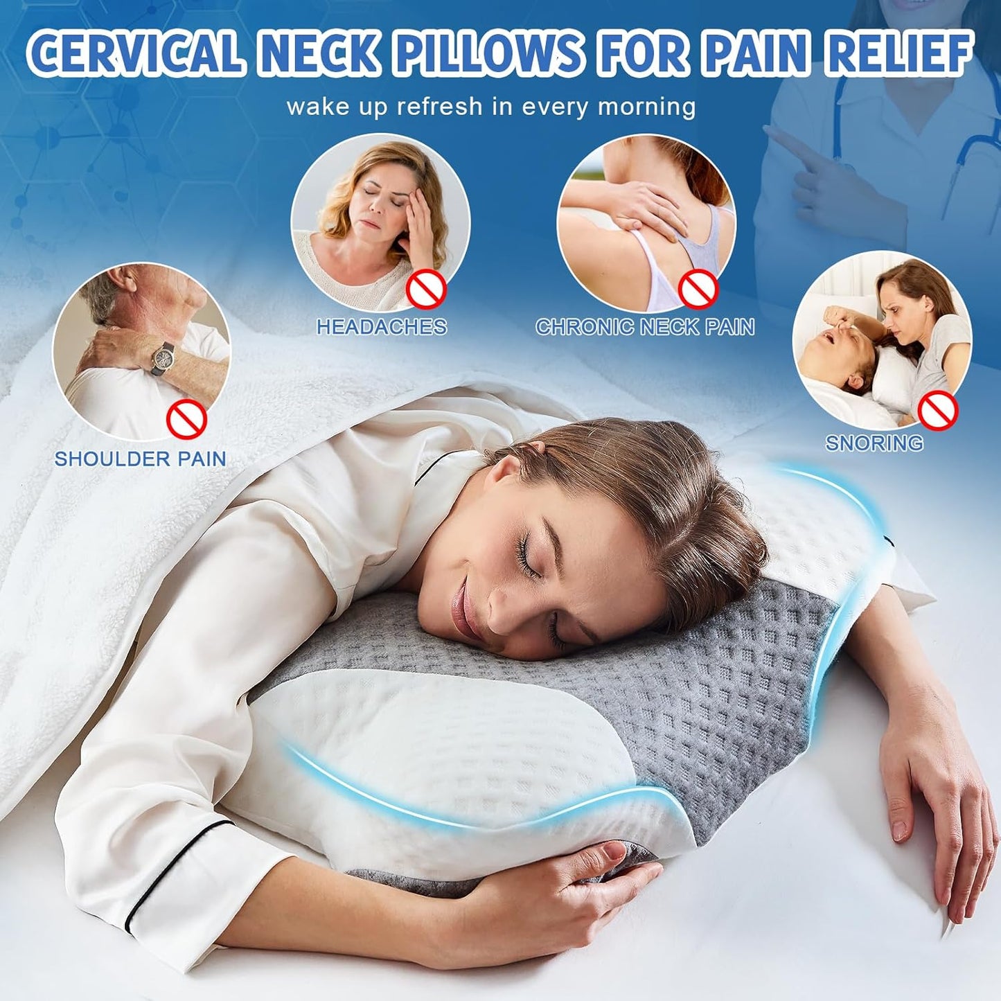 Cervical Neck Pillows with Memory Foam - Neck Pillows for Pain Relief Contour Memory Foam Pillows Ergonomic Neck Support - Adjustable Orthopedic Bed Pillows with Breathable Pillowcase for Sleeping