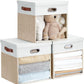 Fabric Storage Cubes with Clear Windows and Lids, 13'' Foldable Storage Bins with 3 Handles, Decorative Storage Boxes for Home, Bedroom, Closet, Office (Beige & White)