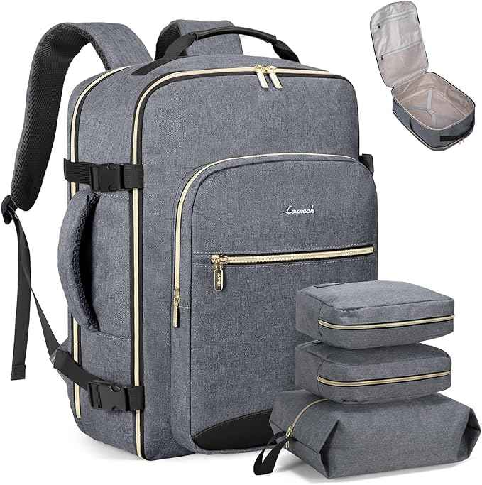 LOVEVOOK Travel Backpack for Women & Men 50L,Airline Approved Carry On Backpack Travel Essentials,TSA Carry on Luggage,Waterproof Personal Item Travel Bag,Suitcase with 3 Packing Cubes,Gray-Black