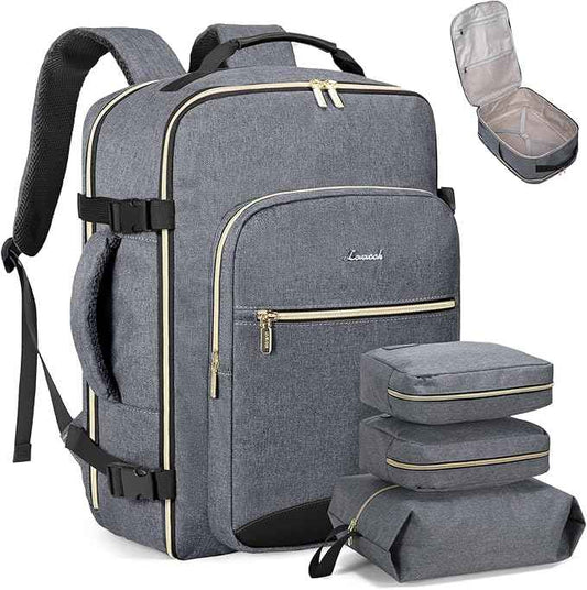 LOVEVOOK Travel Backpack for Women & Men 50L,Airline Approved Carry On Backpack Travel Essentials,TSA Carry on Luggage,Waterproof Personal Item Travel Bag,Suitcase with 3 Packing Cubes,Gray-Black