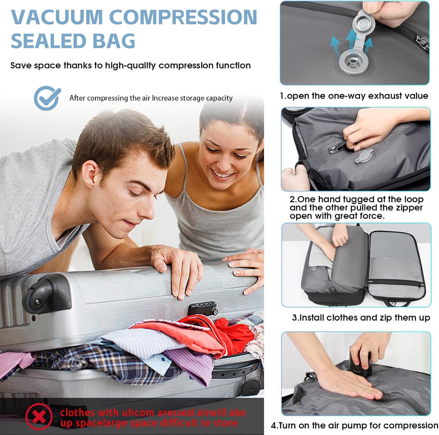 Vacuum Compression Backpack for Travel, 47L Expandable Backpack with Pump, 17 inch Laptop Backpack Luggage Flight Approved with Vacuum Compression System