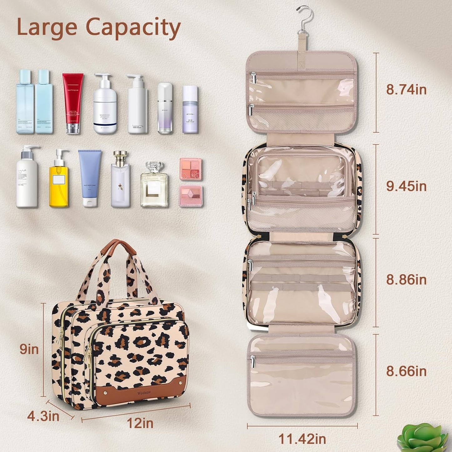 Wedama Toiletry Bag for Women, Hanging Travel Toiletry Bag with Jewelry Organizer Compartment Large Makeup Bag, PVC Waterproof Cosmetic Travel Bag Trips Camping Bathroom, Leopard Print - Roamly