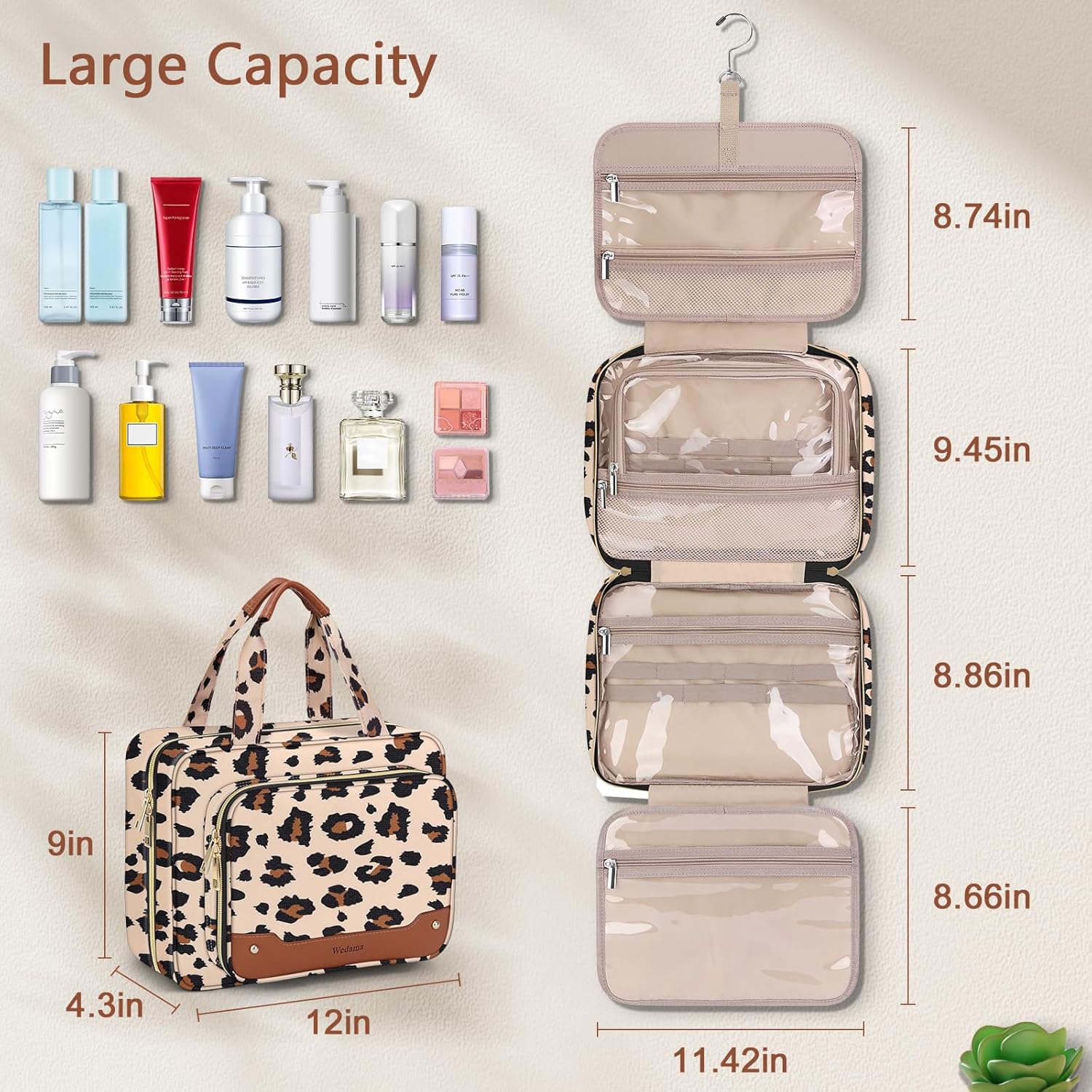 Wedama Toiletry Bag for Women, Hanging Travel Toiletry Bag with Jewelry Organizer Compartment Large Makeup Bag, PVC Waterproof Cosmetic Travel Bag Trips Camping Bathroom, Leopard Print - Roamly