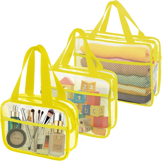 XEWEA Clear Travel Toiletry Bags, 3 Pack TSA Approved Transparent Makeup Bag for Men Women,Large Waterproof PVC Quart Organizer Kit with Zipper for Toiletries Airline Essential,Toy Pouch Yellow - Roamly