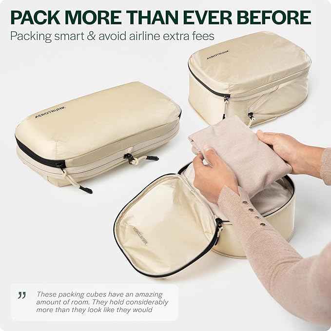 Aerotrunk Ultralight Compression Packing Cubes - Lightweight Travel Organizers for Suitcases and Luggage (3-Pack, Beige)