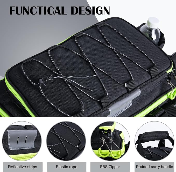 Goture Fishing Tackle Bag with 4pcs 3600 Tackle Boxes, 600D Water-Resistant Soft Side Saltwater Gear Storage Fishing Bag with Rod Straps, Detachable Water Bottle Pouch, Waterproof Bottom, SBS Zippers