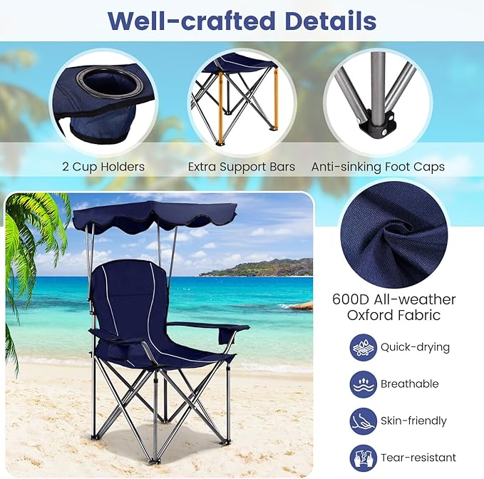 Goplus Camping Chair with Canopy Shade, Folding Lawn Chair with Umbrella Cup Holder & Carry Bag, Portable Sunshade Chair for Adults for Beach Outdoor Travel Hiking Fishing (Blue)