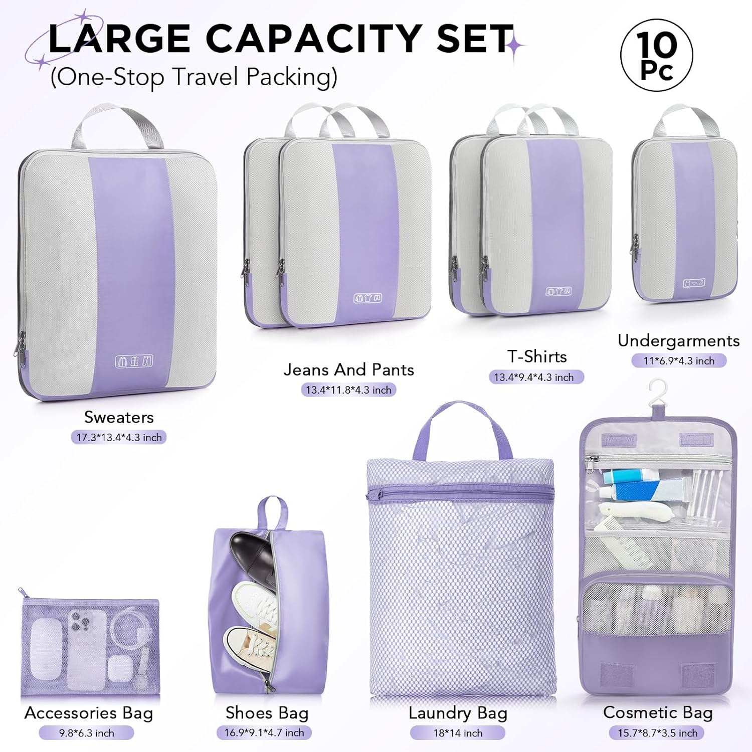 10 Set Compression Packing Cubes for Travel Essentials,Compressible Expandable Packing Cubes for Suitcase,OlarHike Luggage Organizer Bags for Travel,Handy Helper for Organizing Clothes(Purple Gray) - Roamly