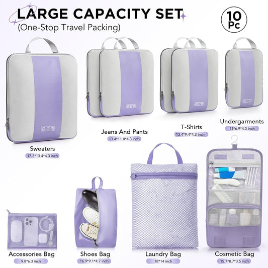 10 Set Compression Packing Cubes for Travel Essentials,Compressible Expandable Packing Cubes for Suitcase,OlarHike Luggage Organizer Bags for Travel,Handy Helper for Organizing Clothes(Purple Gray) - Roamly