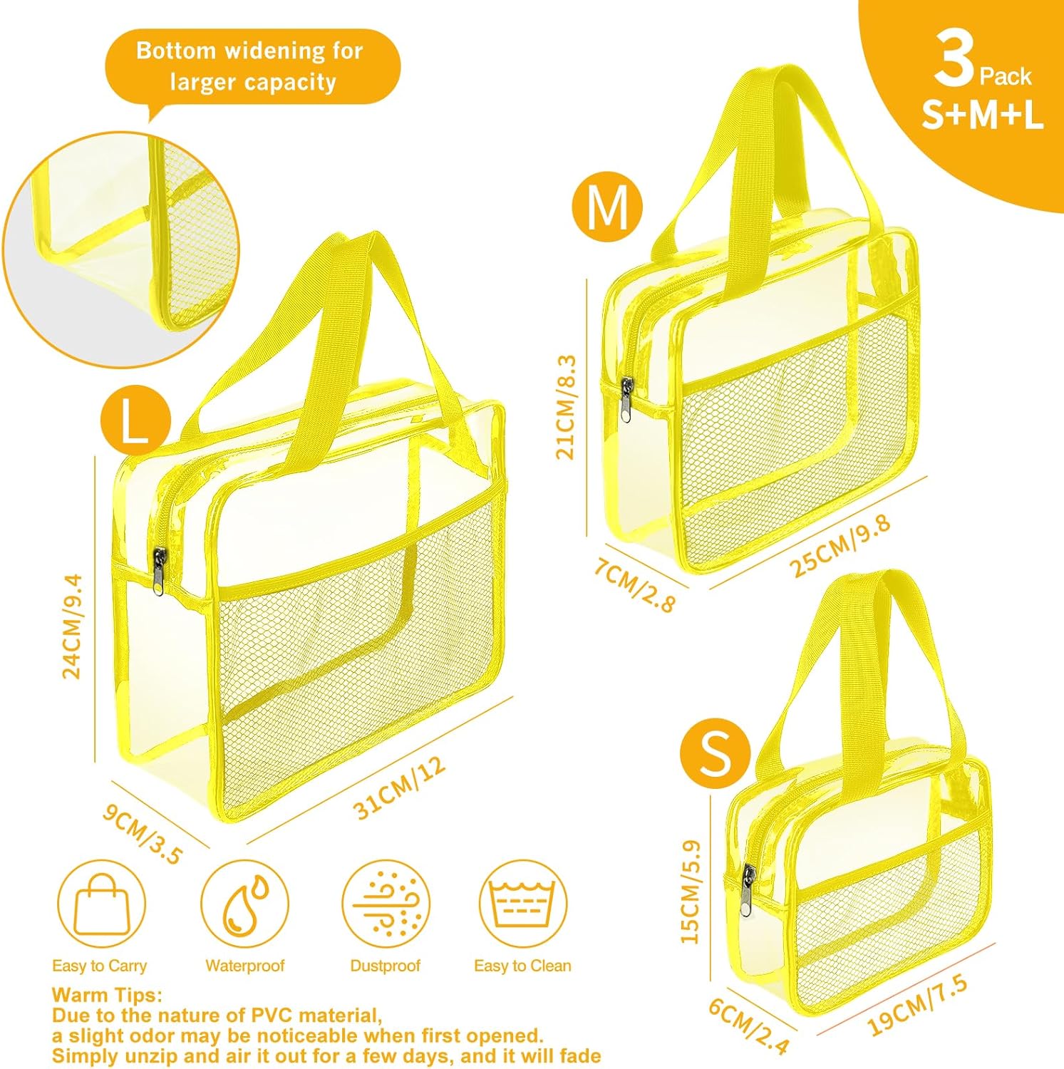 XEWEA Clear Travel Toiletry Bags, 3 Pack TSA Approved Transparent Makeup Bag for Men Women,Large Waterproof PVC Quart Organizer Kit with Zipper for Toiletries Airline Essential,Toy Pouch Yellow - Roamly