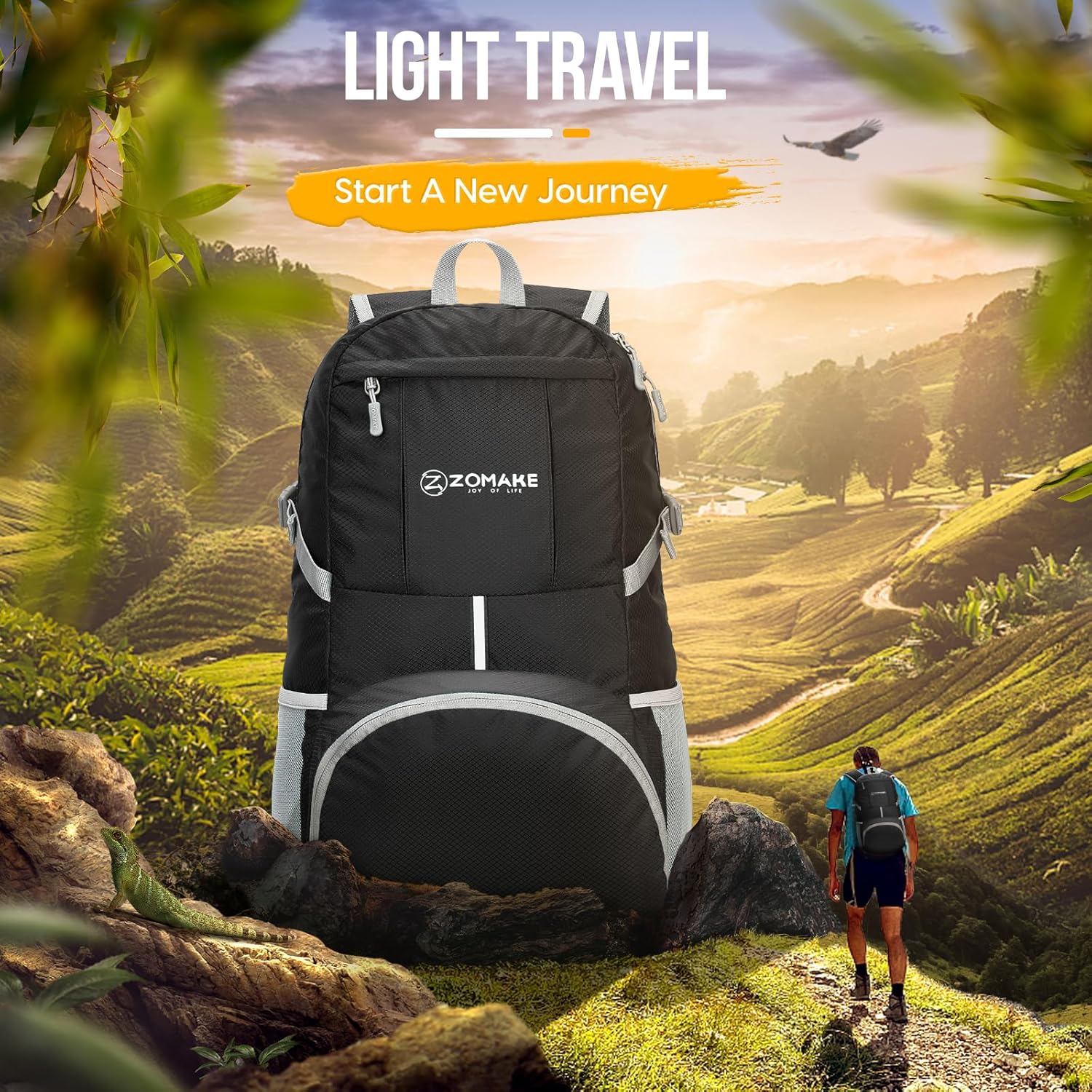 ZOMAKE Lightweight Packable Backpack 35L, Light Foldable Backpacks Water Resistant Collapsible Hiking Bag, Compact Folding Day Pack for Travel Camping(Black) - Roamly