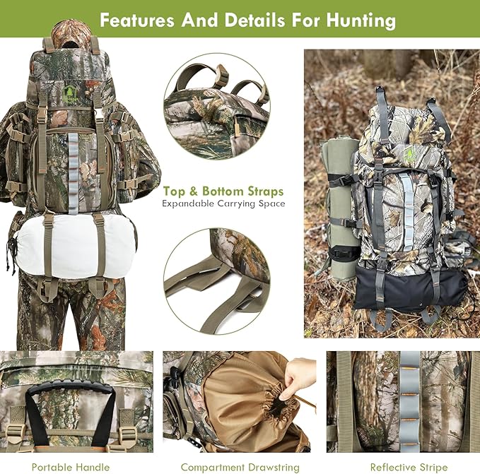 Hunting Backpack for Men, 60/80L Camo Backpack with Waterproof Rain Cover, 600D Hunting Pack for Hunters
