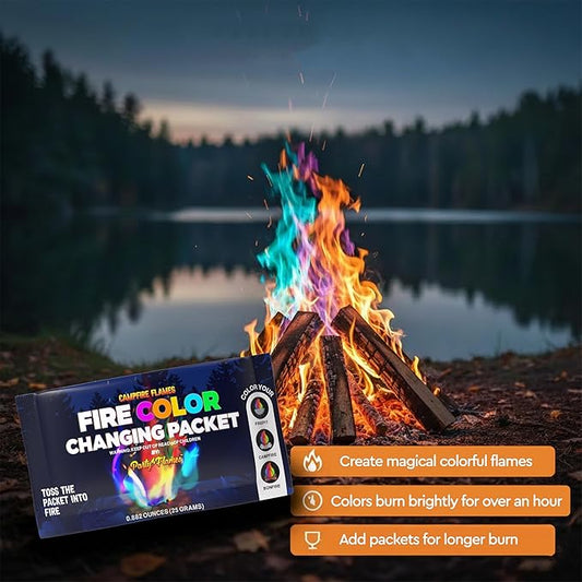 Magic Campfire Fire Color Changing Packets for Fire Pit (4 Pack) Outdoor Fireplaces & Bonfires, Rainbow Colored Flames – Perfect Camping Essential & Accessories for Kids & Adults - Campfire Flames