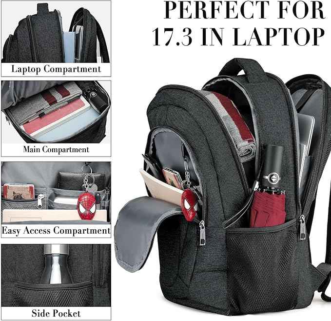 BIKROD Travel Laptop Backpack, 17 Inch Extra Large School Backpacks for Teen Boys and Girls, Black Water Resistant Women Back Pack, Business Men Sturdy Computer Bag