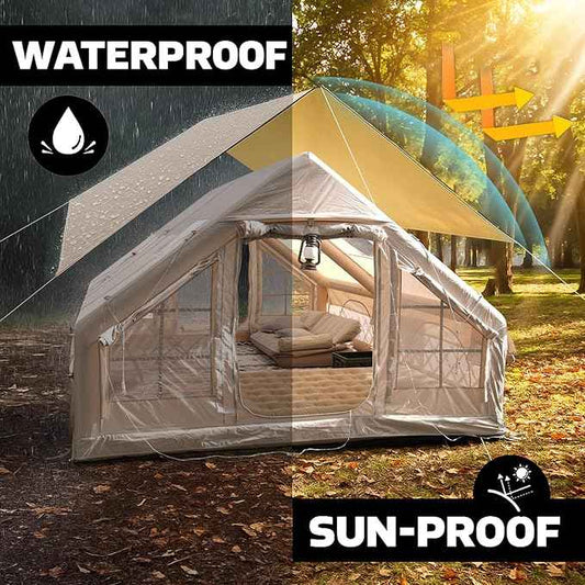 Inflatable Camping Tents 8-10 Person,129 Square Feets Large Inflatable Camping Tent with Stove Jack,Blow up Tent with Mesh Windows & Pump