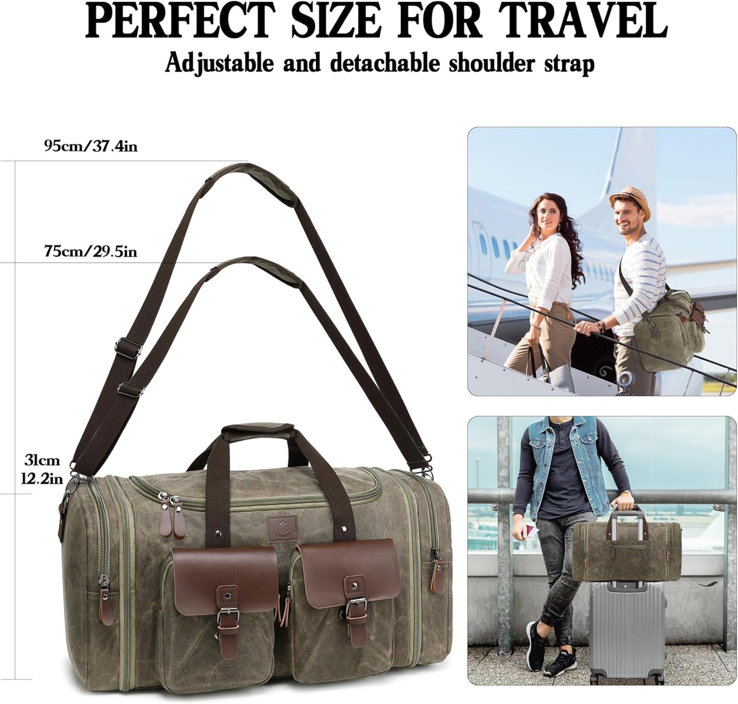 Waxed Canvas Duffle Bag for Men 60L Travel Duffel Bags Expandable Genuine Leather Duffel Overnight Weekender Carry On Bag Two Zipper Pockets Travel Bag (Vintage Grey, X Large-60L) - Roamly