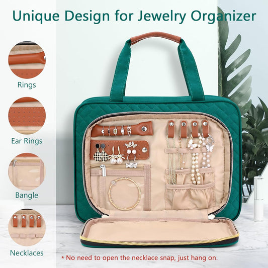 Wedama Toiletry Bag for Women, Hanging Travel Toiletry Bag with Jewelry Organizer Compartment Large Makeup Bag, PVC Waterproof Cosmetic Travel Bag Trips Camping Bathroom, Green+Brown - Roamly