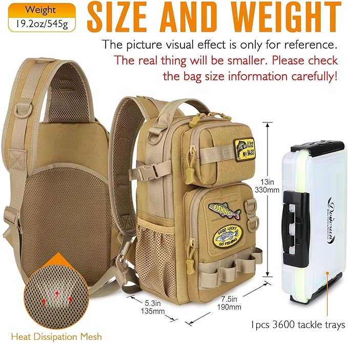 Dovesun Small Fishing Backpack with Tackle Boxes Fishing Sling Bag DIY Embroidery Patches Tackle Bag Gift for Men Khaki