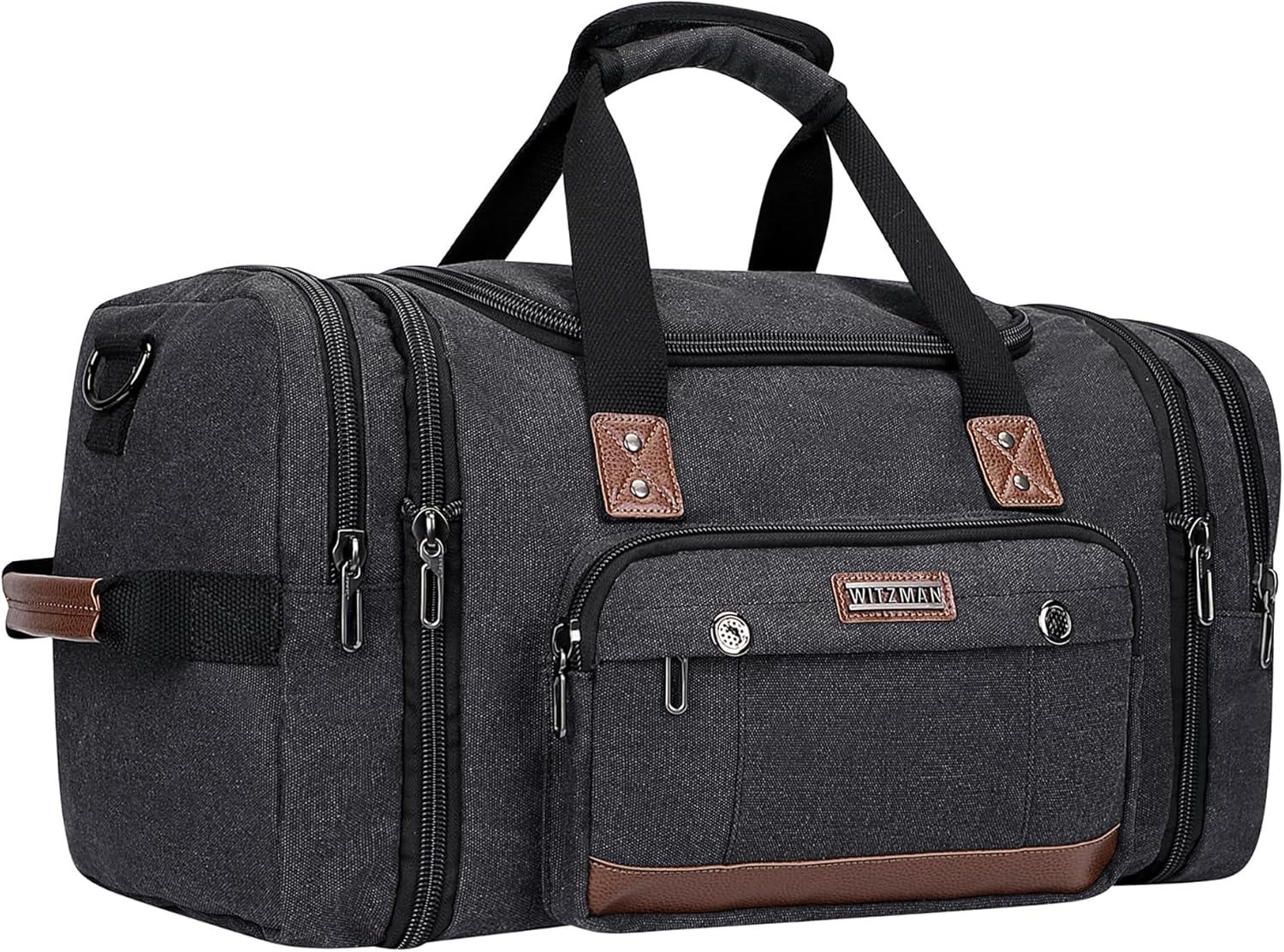 WITZMAN Mens Duffle Bags for Traveling Canvas Weekender Travel Bag Expandable Overnight Bag Carry on Bag(A8007 Black) - Roamly