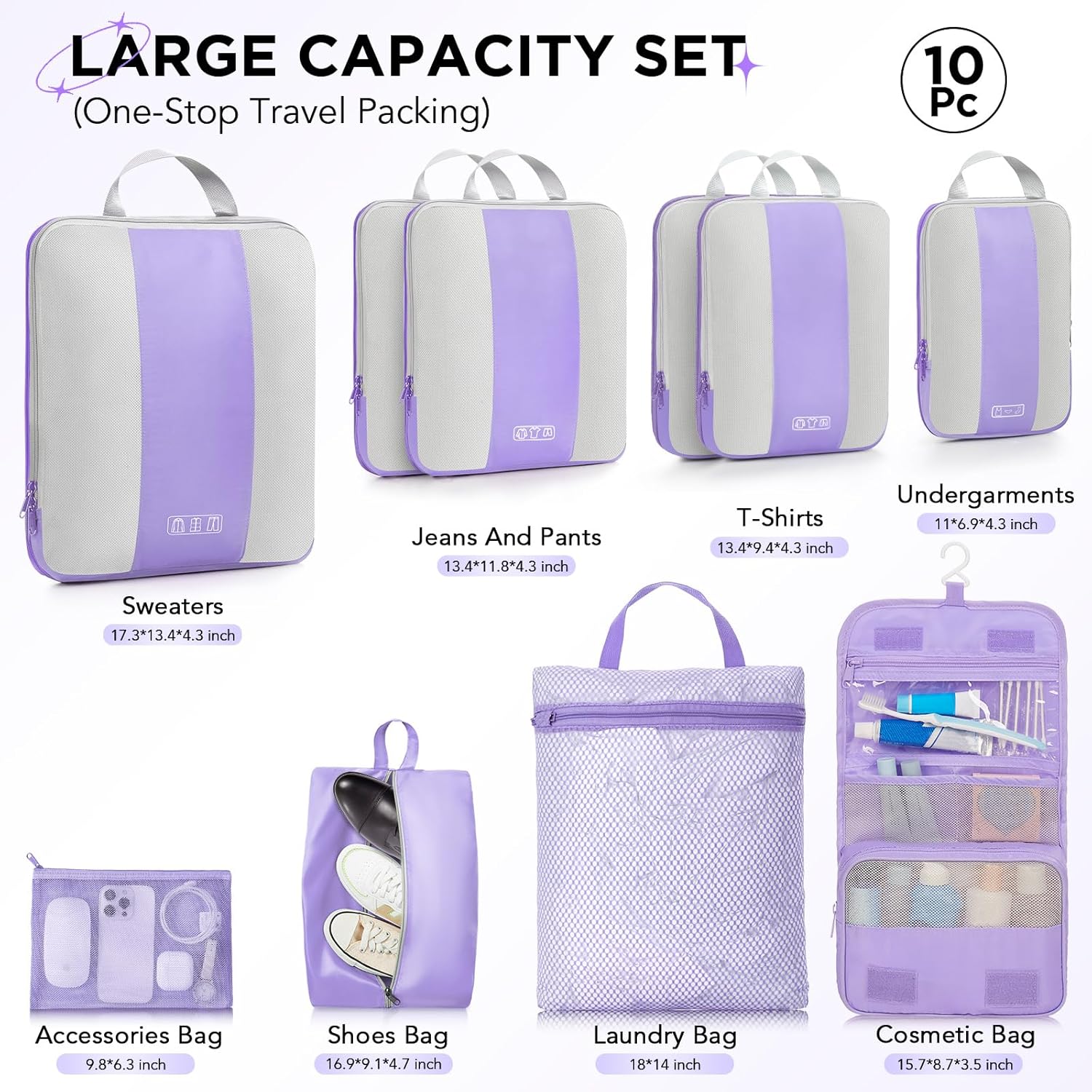 10 Set Compression Packing Cubes for Travel Essentials,Compressible Expandable Packing Cubes for Suitcase,OlarHike Luggage Organizer Bags for Travel,Handy Helper for Organizing Clothes(Light Purple) - Roamly