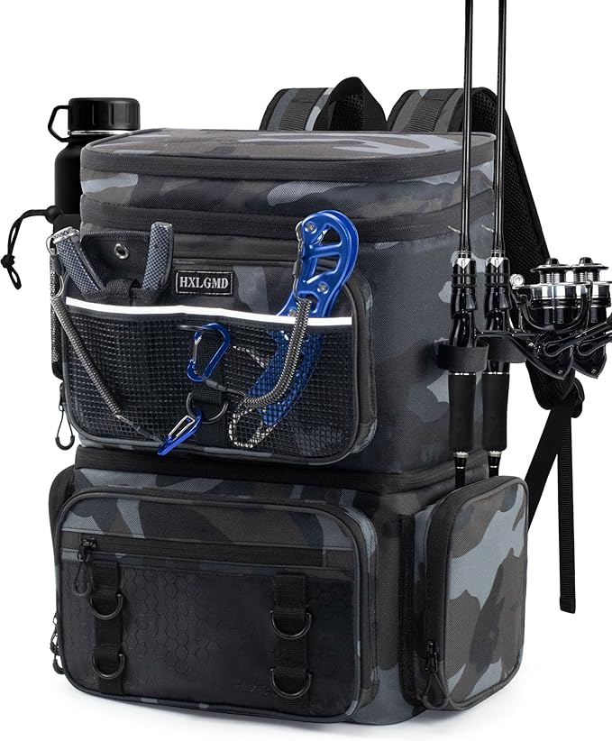 HXLGMD Fishing Backpack with Rod Holders, Double Layer Large Water-resistant Tackle Bag Store Gear with Cooler, Khaki