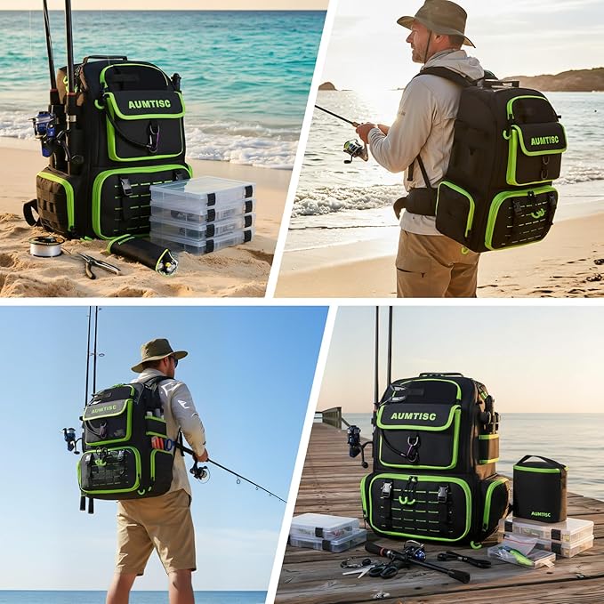 AUMTISC Fishing Tackle Backpack, Fishing Backpacks with 2 Rod Holders, Waterproof Bag Backpack with 4 Tackle Boxes, Rain Cover & Small Insulated Bag, Large Fishing Backpacks for Fish Gear & Equipment