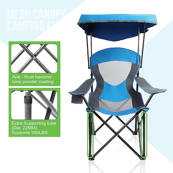 ALPHA CAMP Heavy Duty Canopy Camping Chair, 350 lbs Capacity Oversized Folding Chair with Adjustable Sunshade, Portable Sunshade Chair with Cup Holder for Beach, Fishing, Outdoor