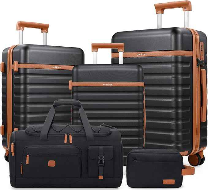 UKEIN Luggage Sets 5 Piece, Carry On Luggage 20In With Spinner Wheels, Hardside Suitcase Set with TSA Lock,Durable Large Suitcase With Travel Backpack for Men-20/24/28in (Black, 5 piece set)