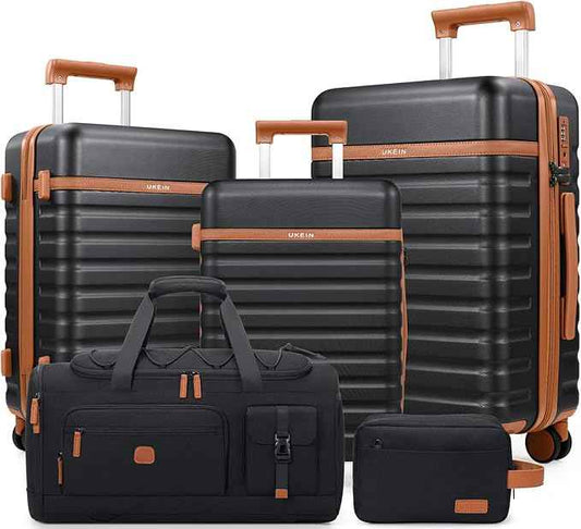 UKEIN Luggage Sets 5 Piece, Carry On Luggage 20In With Spinner Wheels, Hardside Suitcase Set with TSA Lock,Durable Large Suitcase With Travel Backpack for Men-20/24/28in (Black, 5 piece set)