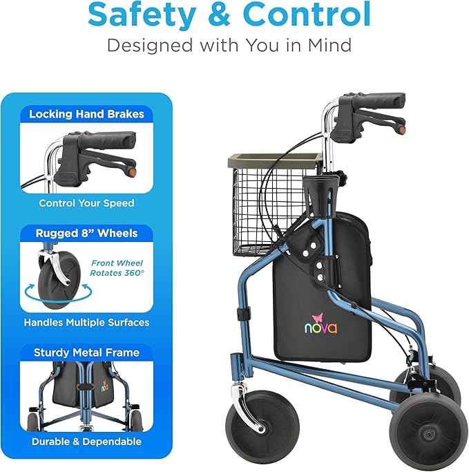NOVA Traveler Folding 3-Wheel Walker with Tray, Basket, Pouch & Cup Holder, Lightweight Mobility Aid for Seniors & Adults, 8” All-Terrain Wheels for Tight Spaces & Travel, Blue