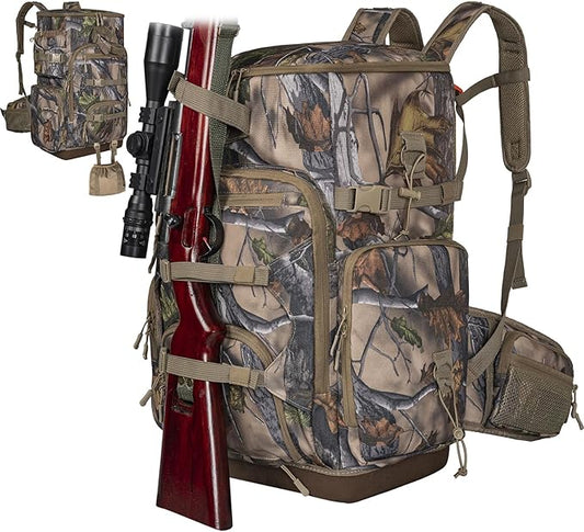 Hunting Backpack with Waterproof Rain Cover, Self Standing Hard Bottom, 50L Camo Hunting Day Pack for Bow Rifle Gun