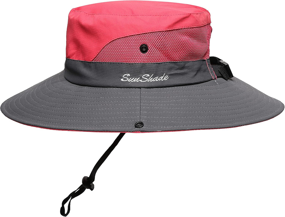 Womens Summer Sun Hat Beach Hat Wide Brim Outdoor UV Protection Hat Foldable Cool Mesh Ponytail Bucket Hat