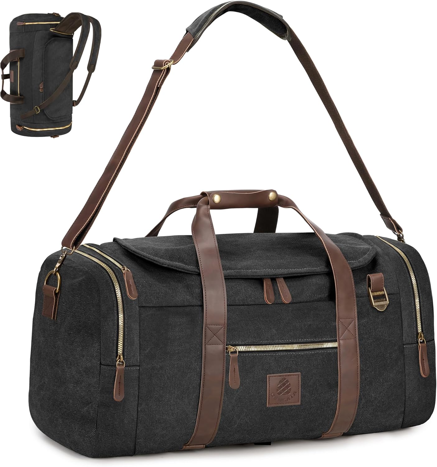 Vintage Canvas Duffle Bag, 50L Genuine Leather Travel Duffel Backpack Multifunctional Overnight Weekender Bag with Shoes Compartment Men (Black) - Roamly