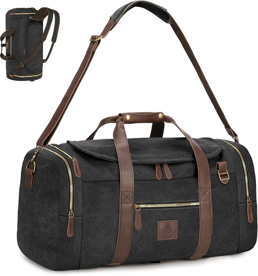 Vintage Canvas Duffle Bag, 50L Genuine Leather Travel Duffel Backpack Multifunctional Overnight Weekender Bag with Shoes Compartment Men (Black) - Roamly